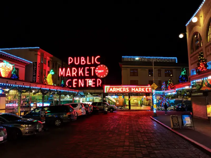 Christmas Decorations at Pike Place Market Neon Signs at night Seattle 9